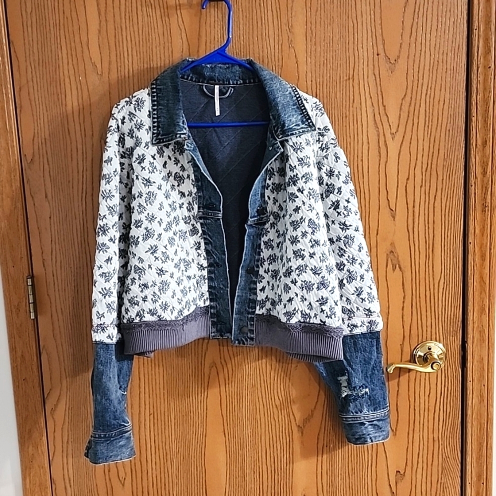 Free People Blue and White Jean Jacket